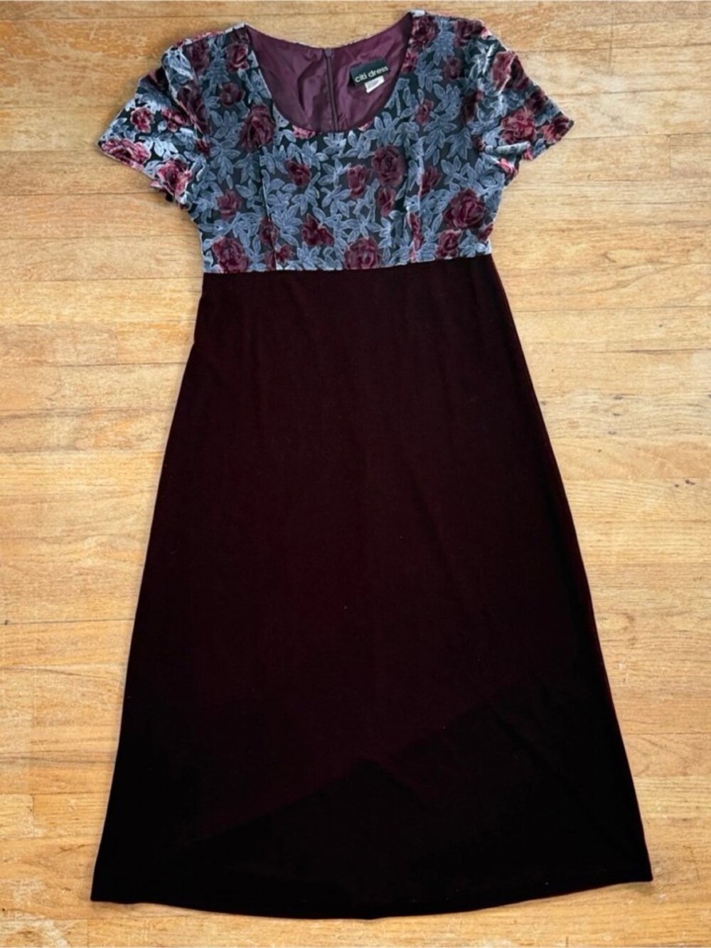 Vintage Floral Crushed Velvet Dress Size Medium 90s Flocked Roses A-Line Midi